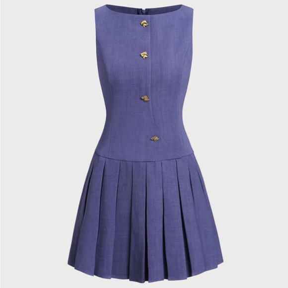RIHOAS Dresses & Skirts - Rihoas Blue Boat Neck Button Sleeveless Mini Dress